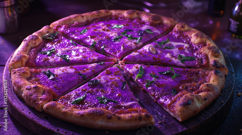 Close-up of a sliced purple pizza on a wooden board. The pizza has a vibrant purple topping and is garnished with fresh basil. photo