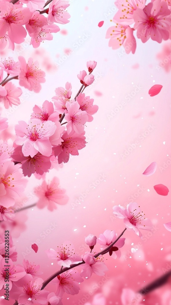 Delicate sakura flowers bloom vibrantly, their soft pink petals fluttering gracefully through the air. This enchanting display captures the essence of springtime beauty and renewal Delicate sakura flowers bloom vibrantly, their soft pink petals fluttering gracefully through the air. This enchanting display captures the essence of springtime beauty and renewal