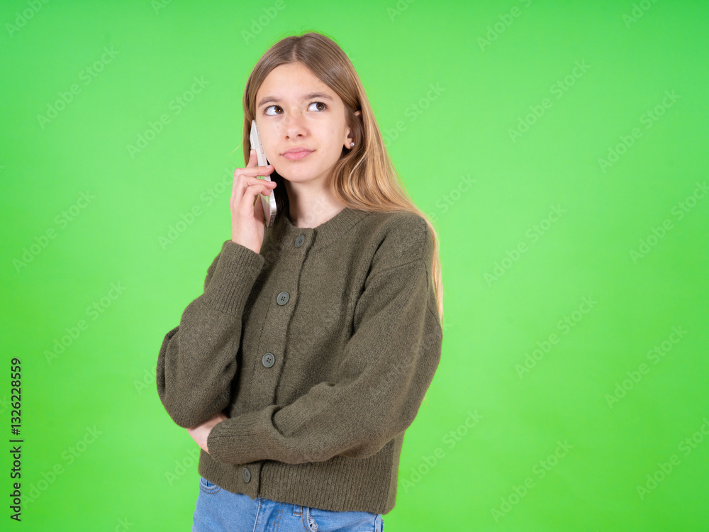 Fototapeta premium Sad beautiful caucasian girl wearing green sweater talking on smartphone. Communication concept.