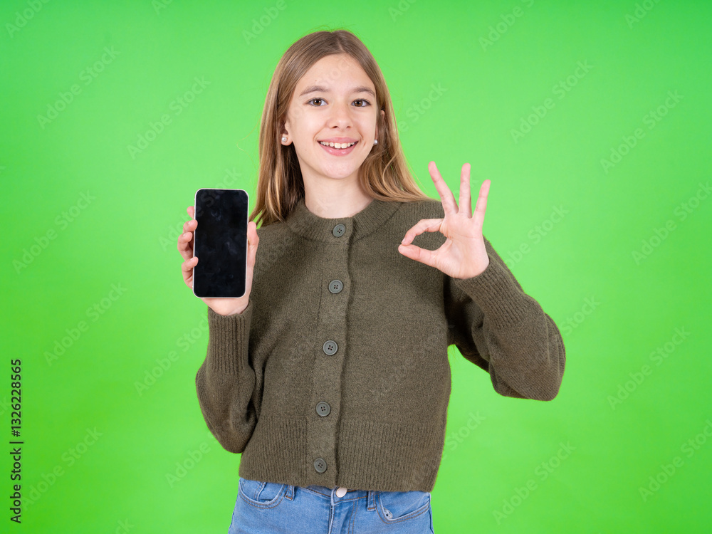 beautiful caucasian girl wearing green sweater holding in hands cell showing ok-sign beautiful caucasian girl wearing green sweater holding in hands cell showing ok-sign