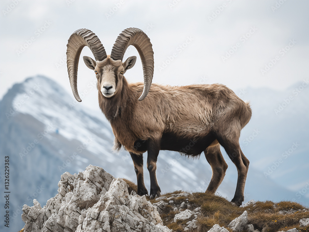 Alpine ibex standing with curving horns majestically on cliffs surveying with regal confidence Alpine ibex standing with curving horns majestically on cliffs surveying with regal confidence