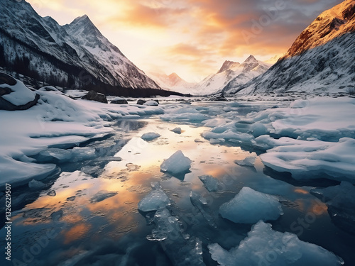Alpine lake thawing with ice breaking slowly water flowing as season changes