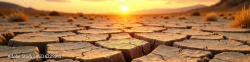 Parched earth cracks, withered plants bake under harsh sun, dry, ecology