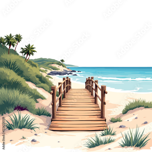 Wooden boardwalk leading to beautiful tropical beach with palm trees and turquoise water