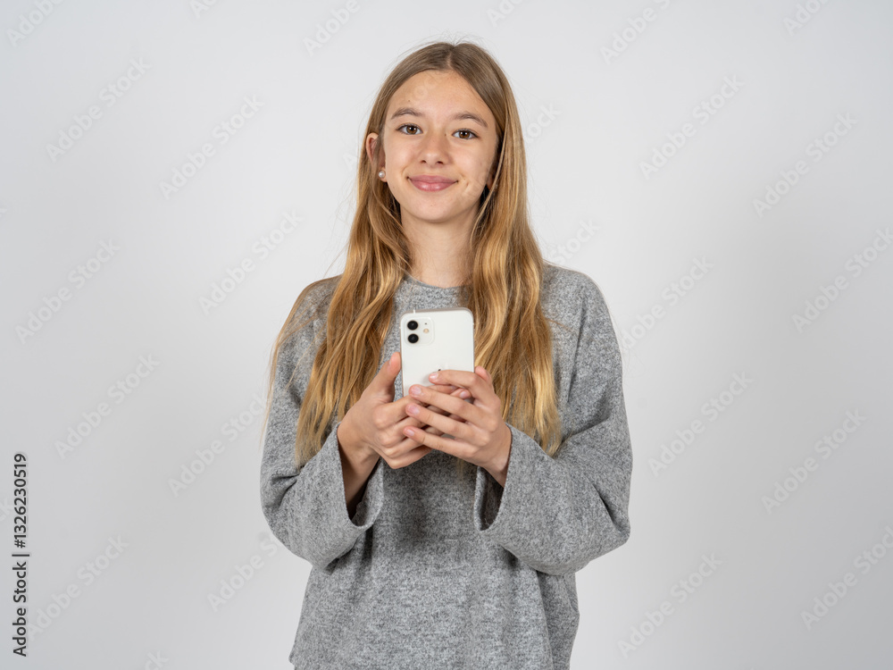 beautiful caucasian girl wearing grey track-suit Mock up copy space. Using mobile phone, typing sms message beautiful caucasian girl wearing grey track-suit Mock up copy space. Using mobile phone, typing sms message