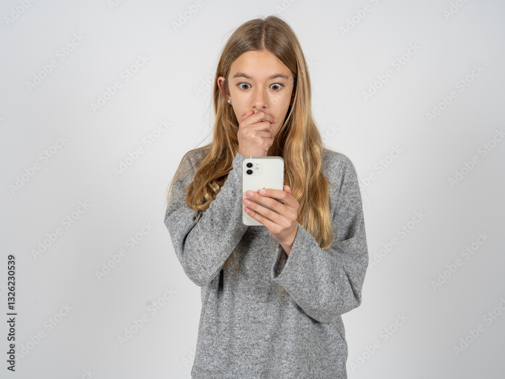 beautiful caucasian girl wearing grey track-suit being deeply surprised, stares at smartphone display, reads shocking news on website, Omg, its horrible! beautiful caucasian girl wearing grey track-suit being deeply surprised, stares at smartphone display, reads shocking news on website, Omg, its horrible!