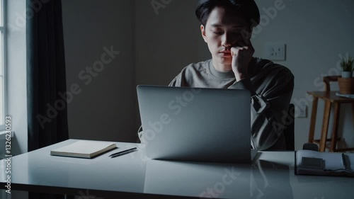 A frustrated or disappointed person sitting in a dark room, staring at a laptop screen showing an empty email inbox.