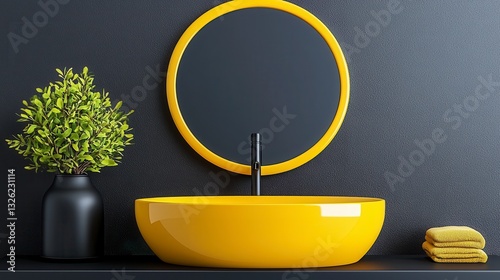 Bright yellow sink complemented by a black vase creating a bold contrast in a modern bathroom setting