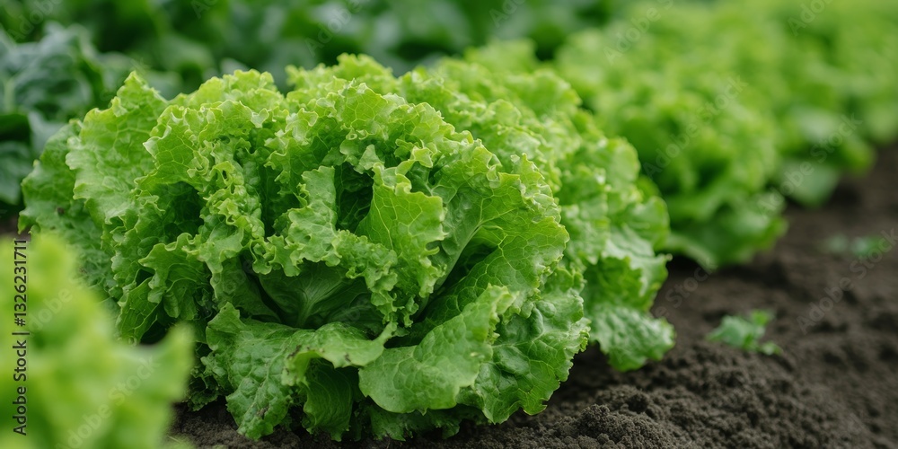 Close Up of Fresh Organic Green Leaf Lettuce Growing in the Garden Bed, Agriculture Background. Close Up of Fresh Organic Green Leaf Lettuce Growing in the Garden Bed, Agriculture Background.