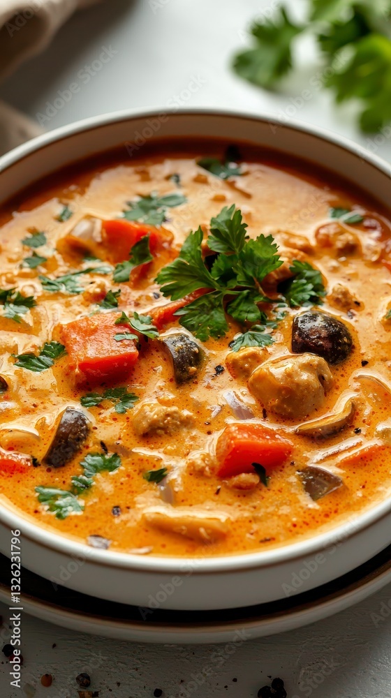 Bowl of flavorful northern thai curry with fresh basil and a spoon presented beautifully for a culinary experience Bowl of flavorful northern thai curry with fresh basil and a spoon presented beautifully for a culinary experience