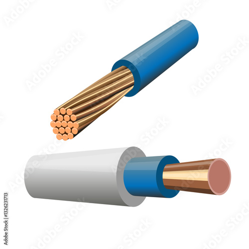 Solid and stranded copper cables on white background