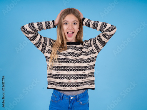 beautiful caucasian girl wearing striped sweater hear incredible private news impressed scream share photo