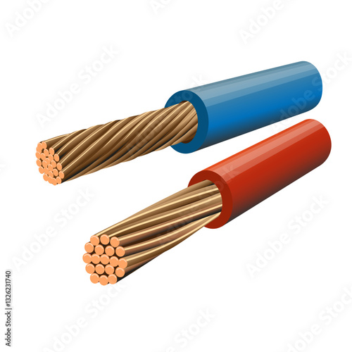 Two stranded copper cables on white background
