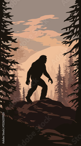 Silhouette of Bigfoot in Forest Setting, Minimalist Vector Art for Mythical Creature Themes