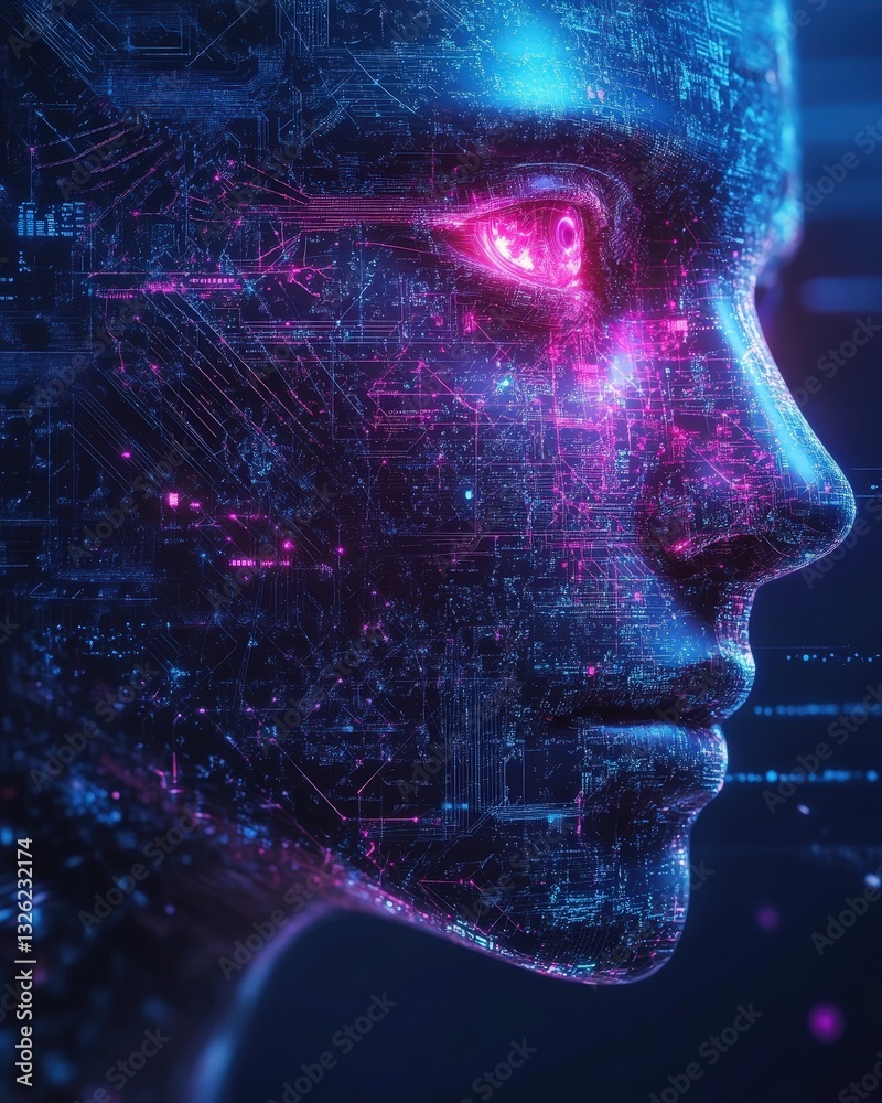 Man's face surrounded by a complex circuit pattern in the background signifying advanced technology Man's face surrounded by a complex circuit pattern in the background signifying advanced technology