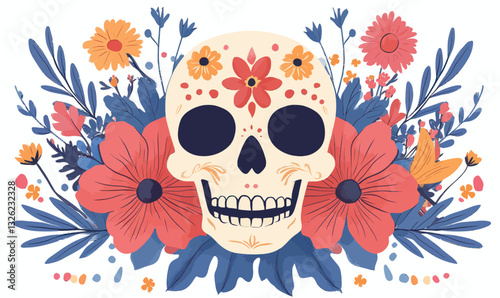 Floral Skull Vector Illustration with Flowers in Minimalist Flat SVG Style