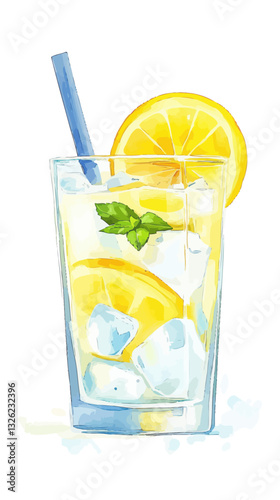 Refreshing Lemonade Glass with Ice in Minimalist Watercolor Vector Style