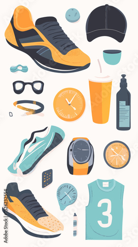 Comprehensive Marathon Running Accessories Set: Shoes, Watch, Apparel, and Hydration Gear Vector