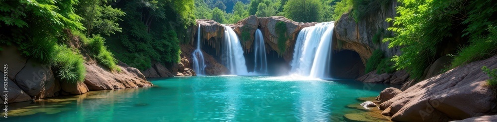 Fototapeta premium Multiple waterfalls plunge into secluded turquoise basin , view, waterfalls, oasis