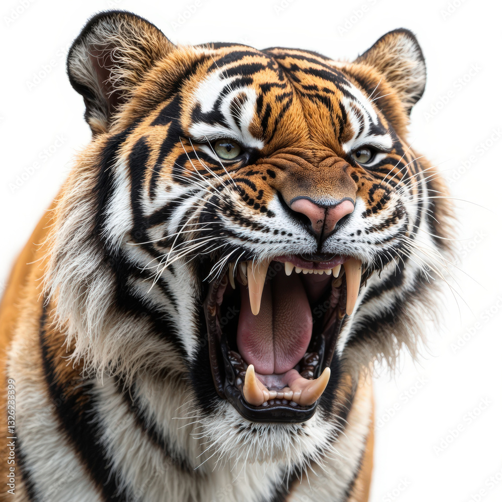 Obraz premium Close-up portrait of a roaring tiger against a white background. Perfect for wildlife, nature, or animal themed projects.