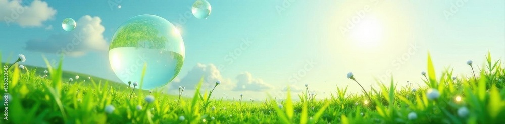 Floating bubbles over vibrant green meadow, soft cloud backdrop , ecology, meadow Floating bubbles over vibrant green meadow, soft cloud backdrop , ecology, meadow