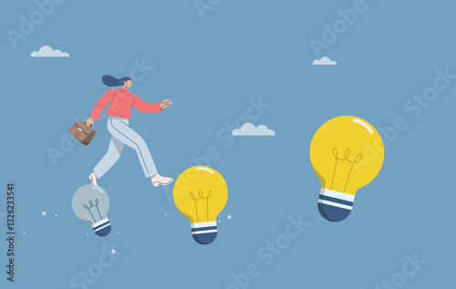 Creating bigger ideas, Stepping into new ideas, Business women crossing from a lamp that goes out to larger lamp, Creating or adjusting new ideas all the time in business. Flat vector illustration.
