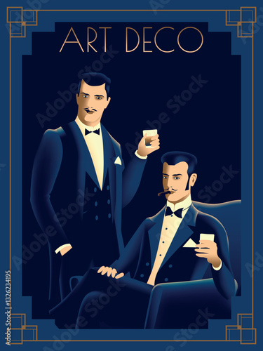 Gentlemen in the style of the early 20th century. Retro party invitation card. Handmade drawing vector illustration. Art Deco style.