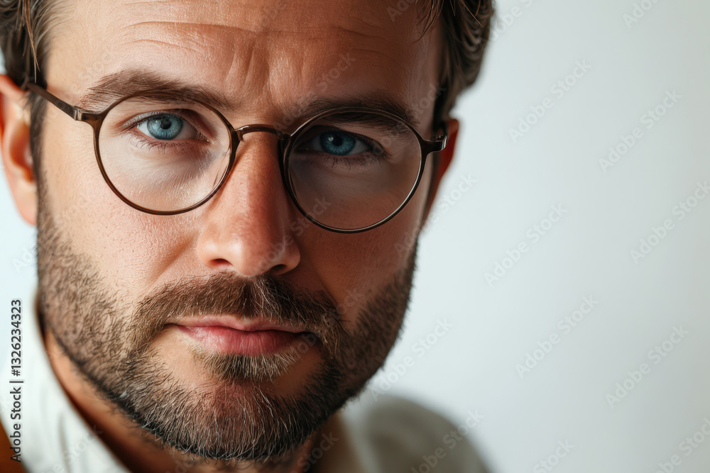 Close up portrait of a young attractive man with blue eyes wearing glasses. Serious expression. Close up portrait of a young attractive man with blue eyes wearing glasses. Serious expression.