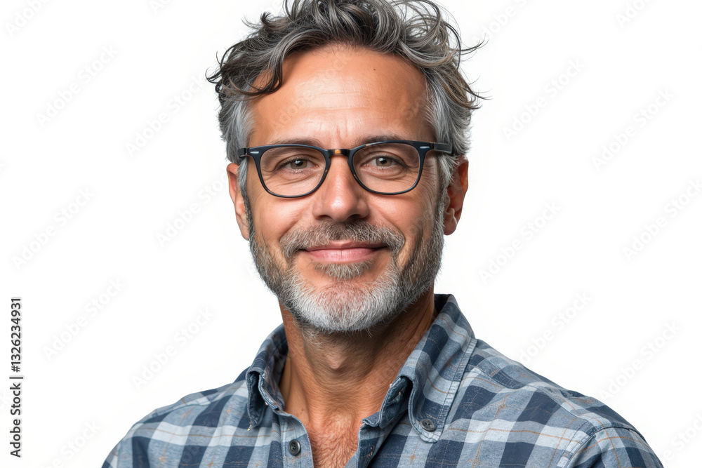 Portrait of a smiling middle-aged man with graying hair and glasses, wearing a plaid shirt against a white background.