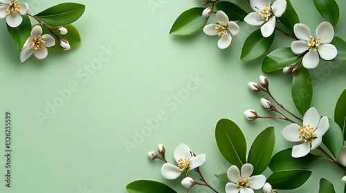 Spring Blossoms Frame on a Pastel Green Background AI Generated