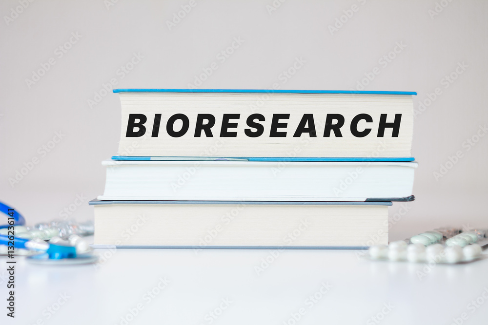 Obraz premium Bioresearch inscription medical scientific books background