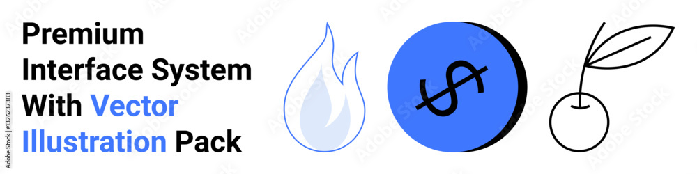 Stylized fire icon, blue circular dollar design, and simplistic cherry twig. Ideal for finance, sustainability, nature, business, startups environment and minimalistic visuals. Flat landing page Stylized fire icon, blue circular dollar design, and simplistic cherry twig. Ideal for finance, sustainability, nature, business, startups environment and minimalistic visuals. Flat landing page