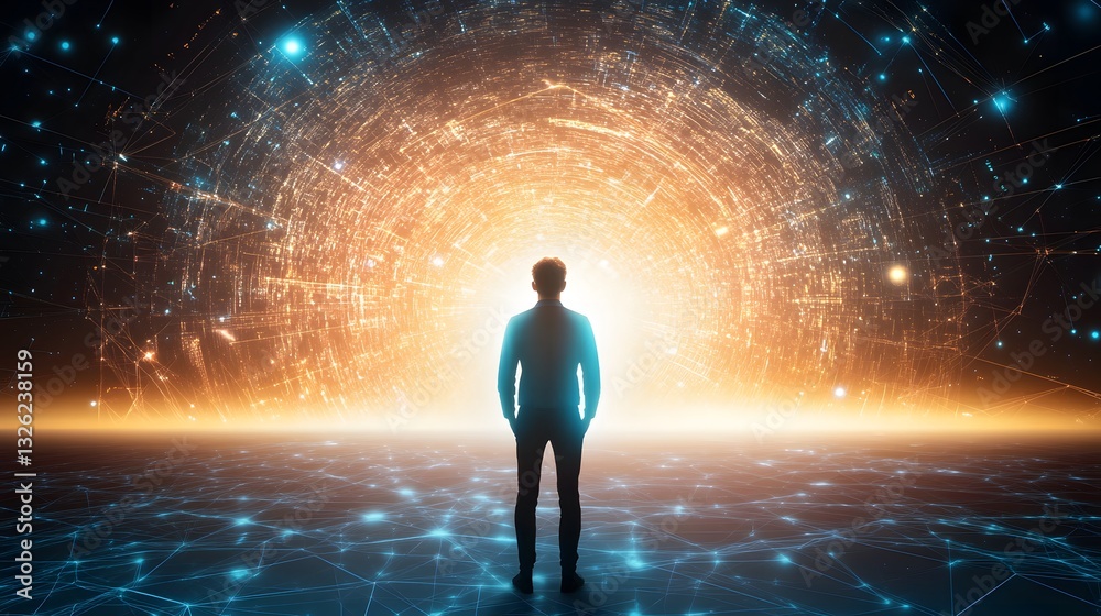 Fototapeta premium A Man Contemplating the Universe: The image showcases a solitary figure standing at the precipice of the cosmos, enveloped by a swirling galaxy of light and energy.