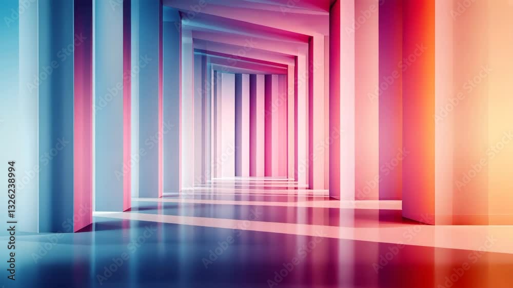 A series of colorful, geometric columns creates a vibrant, abstract corridor effect with a gradual perspective in soft hues of pink and blue. A series of colorful, geometric columns creates a vibrant, abstract corridor effect with a gradual perspective in soft hues of pink and blue.