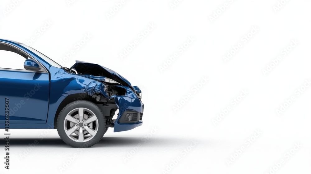 Damaged Blue Car with Crumpled Front and Dents on a White Background in a Studio Setting Damaged Blue Car with Crumpled Front and Dents on a White Background in a Studio Setting