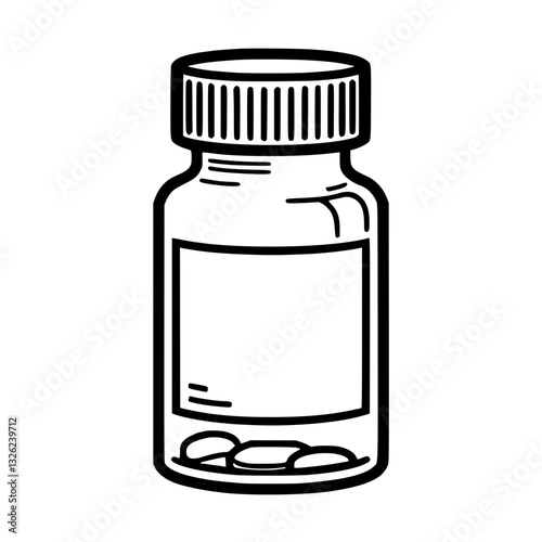 Line art illustration of a medicine bottle with pills