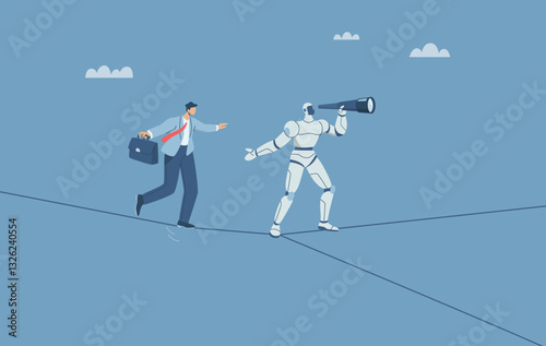 Risk management challenge, Using AI to manage business risks, The robot leads to help the businessman wearing suit walking on the rope and has a separate line. Human cooperation with robotics.
