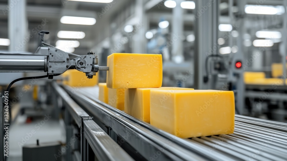 Fototapeta premium Automated Cheese Block Alignment System on Conveyor Belt in Food Processing Facility