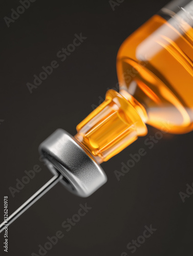 The image shows a syringe with medicine, a bottle, and various medical tools like a needle and alcohol The scene features clear liquid, with hints of yellow, red, green, and metallic elements photo