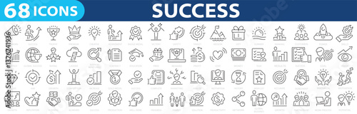 Success 68 icon set. Successful business development, plan and process symbol. Award, victory, premium, prize, medal, gift, trophy, badge, points, achievement, certificate. Goals and Target Related.