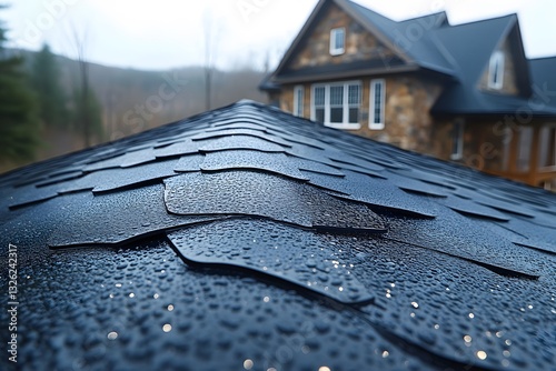 Rain on Modern Shingle Roof with Rustic Stone House in Scenic Countryside