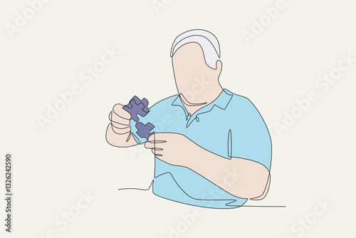 Colored alzheimer's sufferers assemble puzzles for therapy. Alzheimer concept one-line drawing