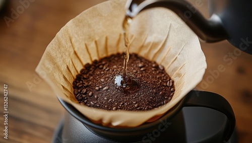 Pouring hot water over coffee grounds in a paper filter on a wooden table photo