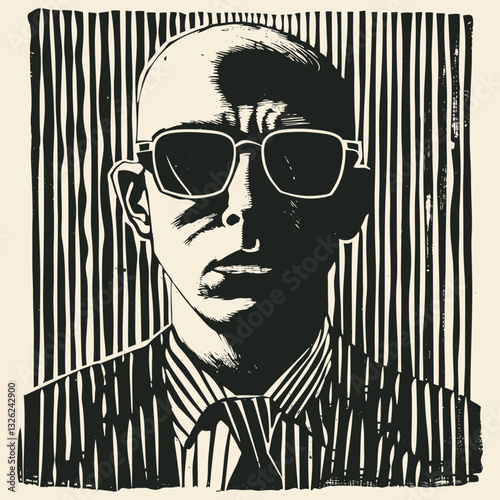 Vector illustration in woodcut or linocut style featuring a bald man with large sunglasses and formal attire against a background of vertical black lines. 