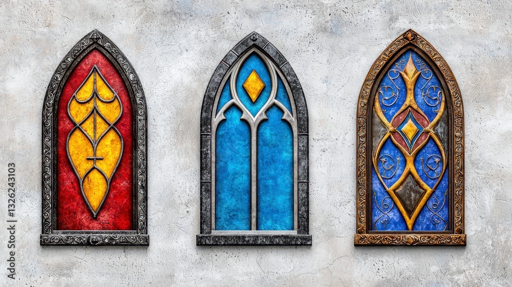 A collection of three stunning stained glass featuring intricate gothic arched designs A collection of three stunning stained glass featuring intricate gothic arched designs