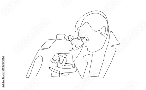 Continuous line single line of man professional scientist microscope science technology for biology research and laboratory microbiology. Sketch drawing editable stroke vector illustration