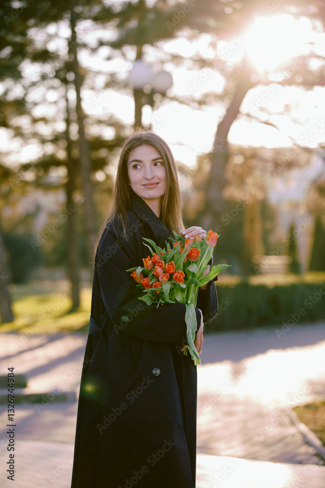 Fototapeta premium Happy woman holding a tulip flowers at spring day