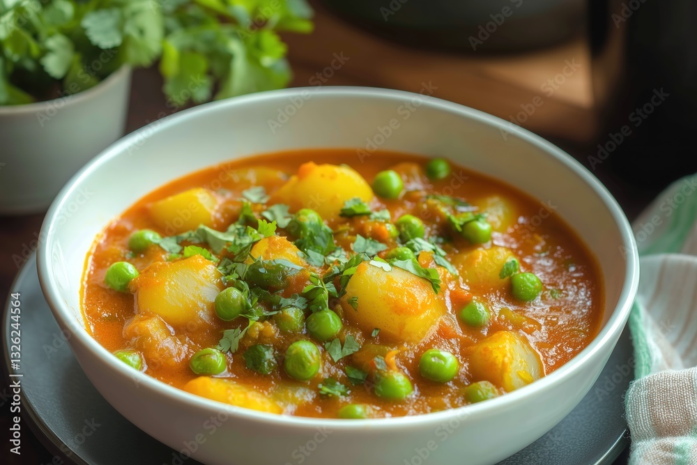 Indian Curry Aloo Matar in Tomato Gravy with Fresh Cilantro in a Modern Kitchen Setting Indian Curry Aloo Matar in Tomato Gravy with Fresh Cilantro in a Modern Kitchen Setting