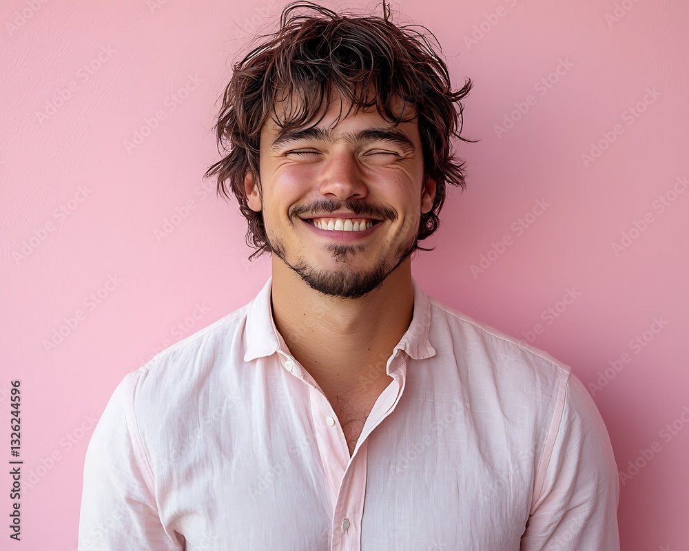 Fototapeta premium Happy Man Smiling Pink Background.