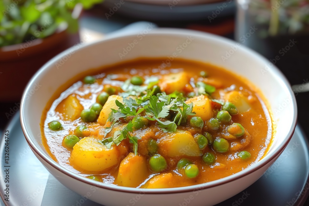 Indian Curry Aloo Matar in Tomato Gravy with Fresh Cilantro in a Modern Kitchen Setting Indian Curry Aloo Matar in Tomato Gravy with Fresh Cilantro in a Modern Kitchen Setting
